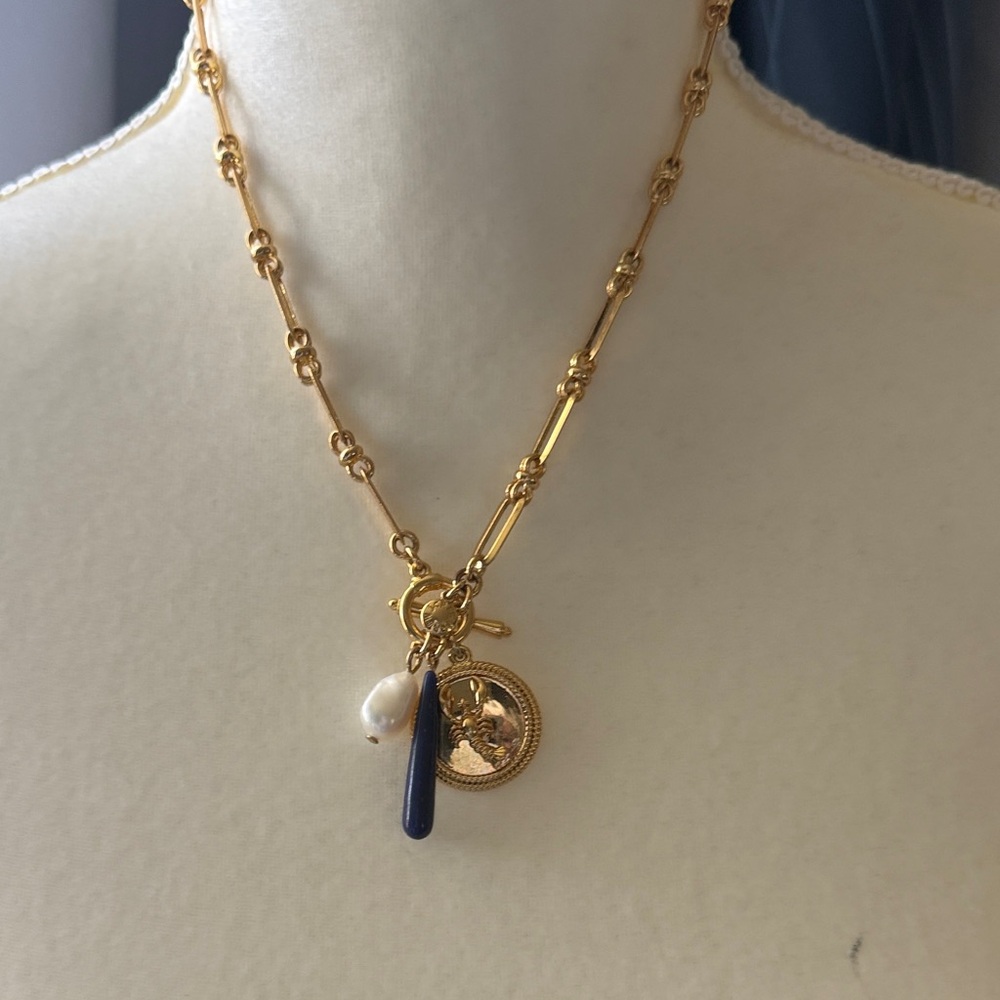 J. Crew Gold-Link Necklace with Navy Bar and Pearl Charm